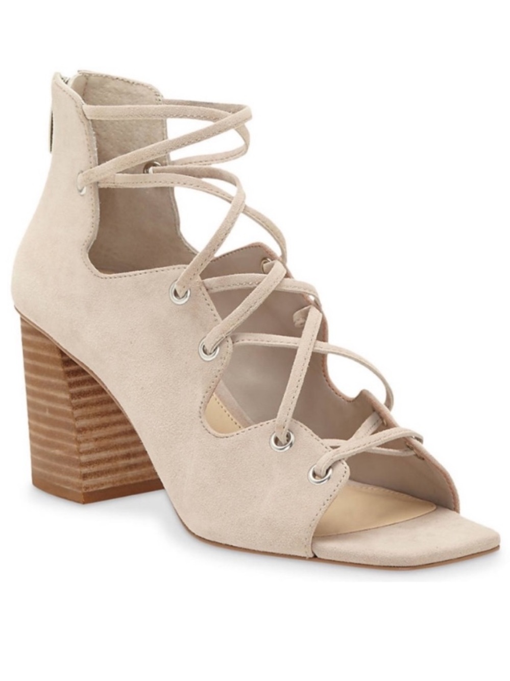 Vince Camuto Nahara Lace-Up Cage Sandals Nude Suede Block Heel Size 8.5 NEW Chic